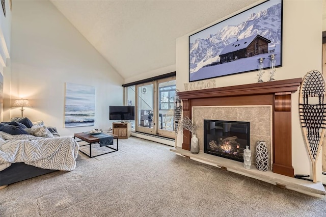 carpeted living room with high vaulted ceiling and a baseboard heating unit