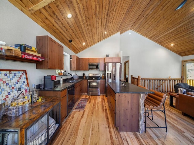 kitchen featuring wood ceiling, stainless steel appliances, light wood-type flooring, sink, and decorative light fixtures