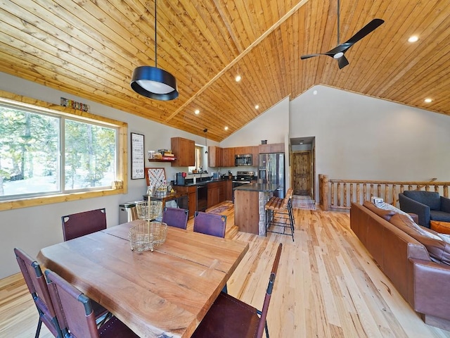 dining room featuring high vaulted ceiling, ceiling fan, light hardwood / wood-style flooring, and wood ceiling