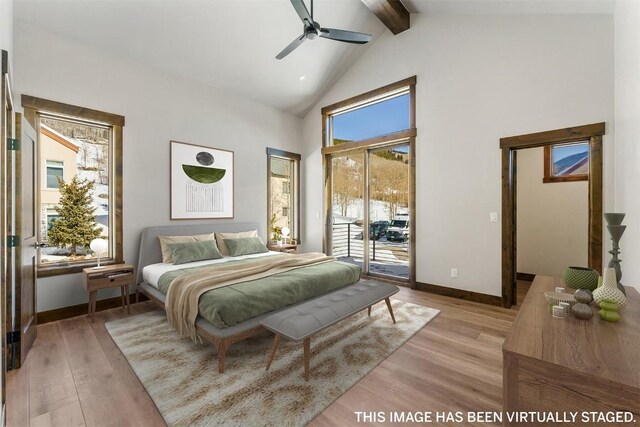 bedroom with beamed ceiling, access to outside, light hardwood / wood-style flooring, and ceiling fan