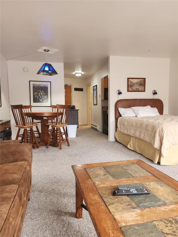 bedroom with carpet and a baseboard radiator