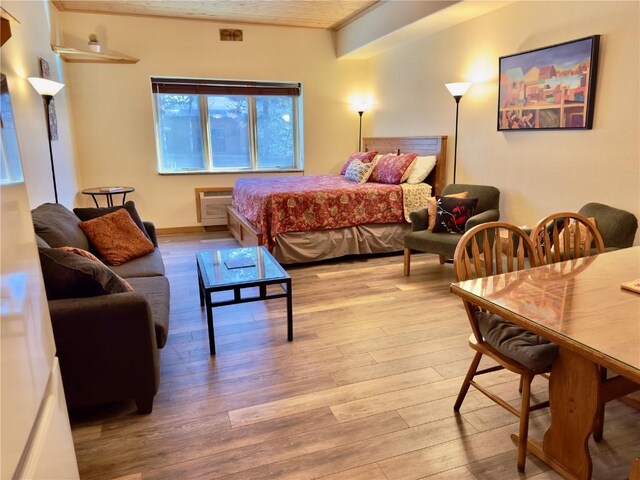 bedroom with dark wood-type flooring and radiator heating unit