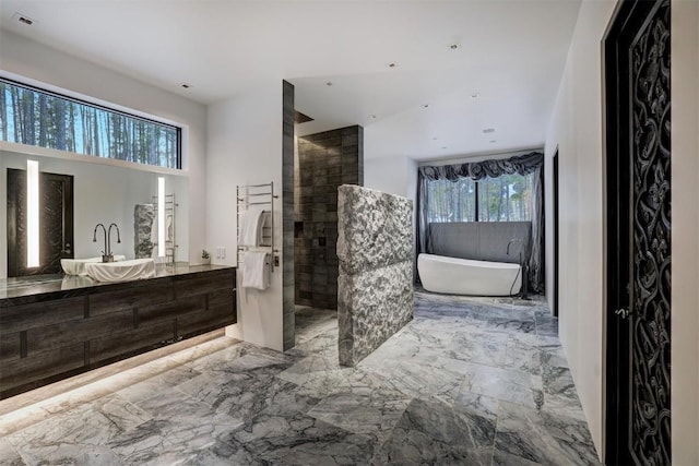 bathroom featuring vanity and shower with separate bathtub