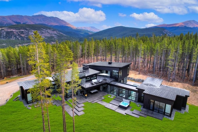 exterior space featuring a mountain view and a yard