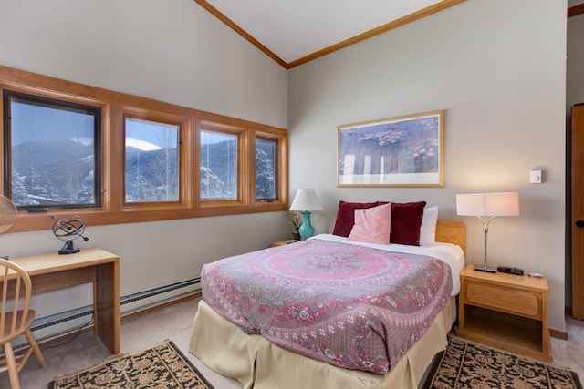 bedroom with a baseboard heating unit, vaulted ceiling, light colored carpet, and crown molding