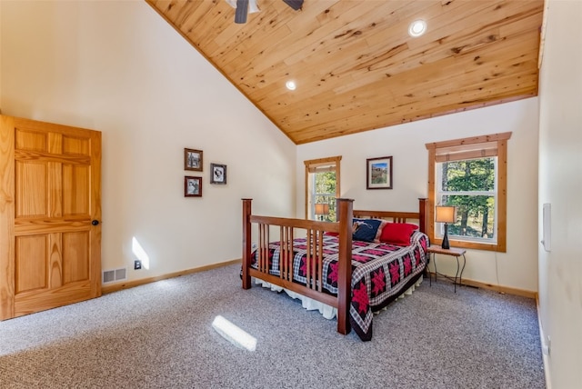 carpeted bedroom featuring ceiling fan, wood ceiling, and high vaulted ceiling