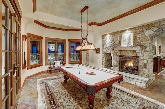 playroom with french doors, billiards, and a fireplace