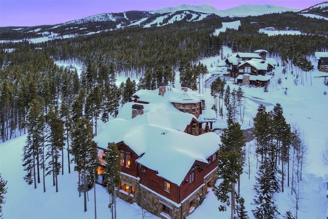 snowy aerial view with a mountain view