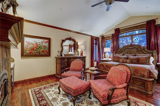 bedroom with vaulted ceiling, ceiling fan, and hardwood / wood-style floors