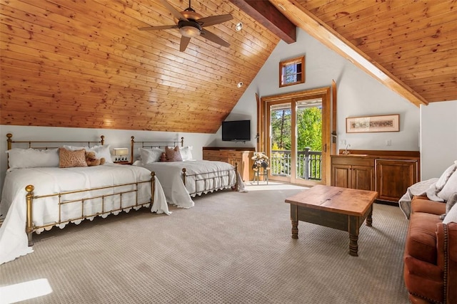 bedroom with beam ceiling, ceiling fan, access to outside, light carpet, and wood ceiling