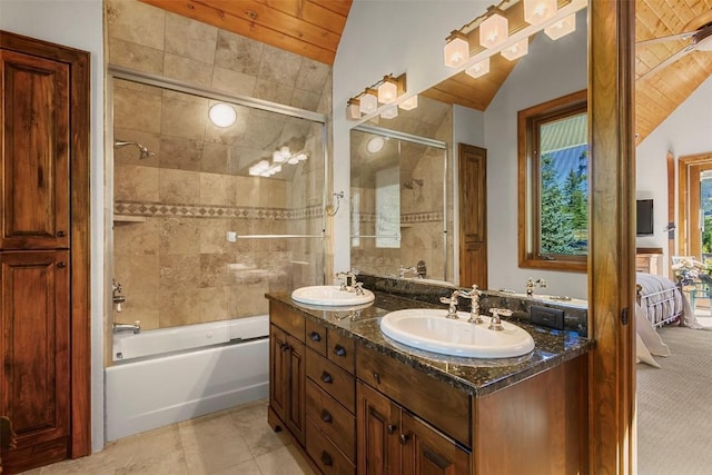 bathroom featuring vanity, lofted ceiling, tile patterned flooring, enclosed tub / shower combo, and wood ceiling