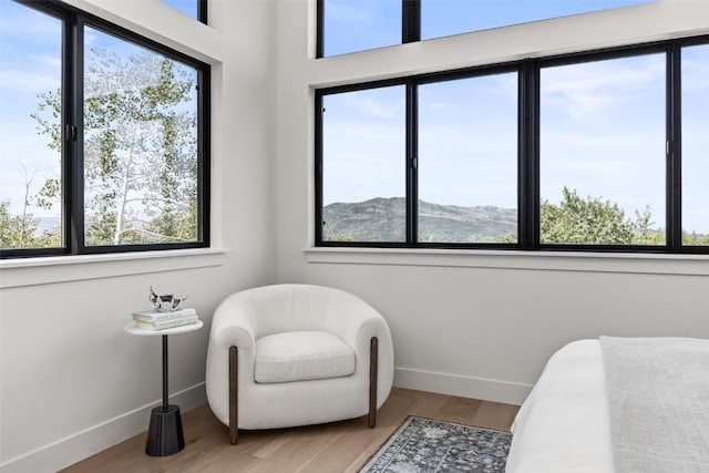 bedroom featuring hardwood / wood-style flooring and a mountain view