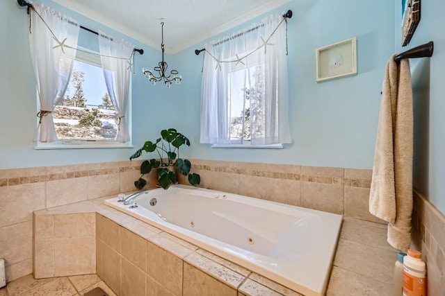 bathroom with a wealth of natural light, tile walls, crown molding, and a whirlpool tub