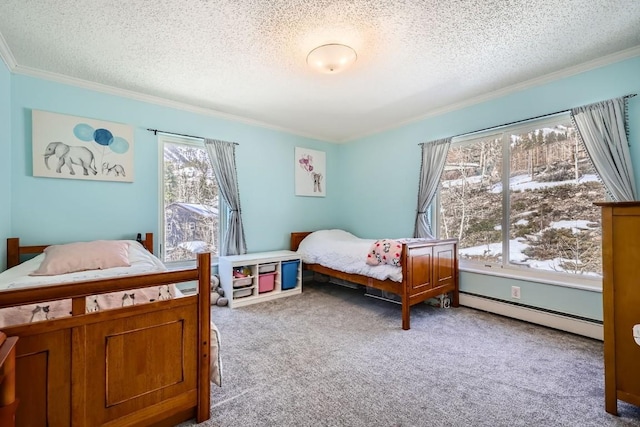 bedroom featuring carpet flooring, a textured ceiling, ornamental molding, and a baseboard radiator