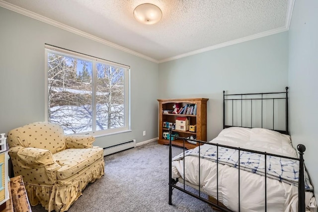 bedroom with a textured ceiling, ornamental molding, baseboard heating, and carpet floors