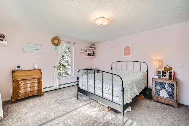 carpeted bedroom with a baseboard radiator, baseboards, and a textured ceiling