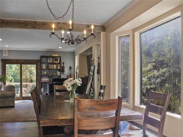 dining room with crown molding, recessed lighting, wood finished floors, and visible vents