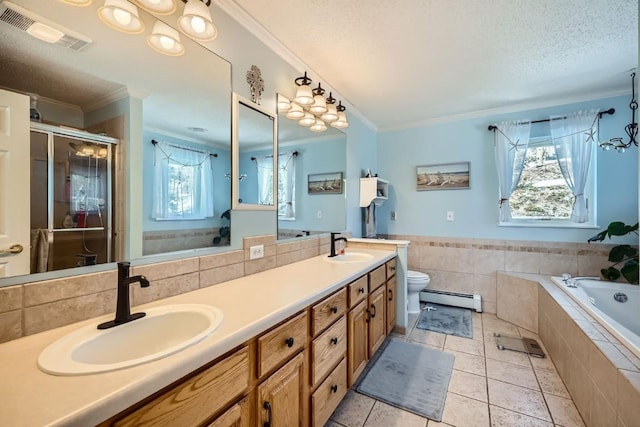 full bathroom with visible vents, a textured ceiling, a baseboard heating unit, and a sink