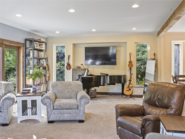 living room featuring recessed lighting, crown molding, baseboards, and carpet floors