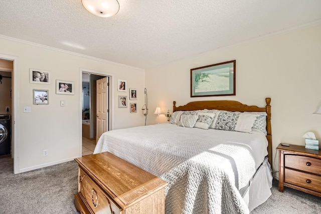 bedroom featuring baseboards, washer / dryer, a textured ceiling, crown molding, and light carpet