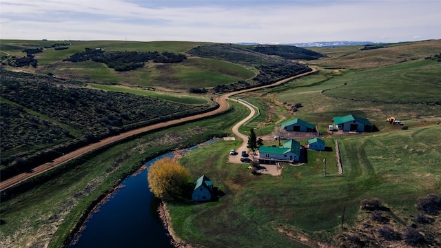 birds eye view of property featuring a rural view and a water view