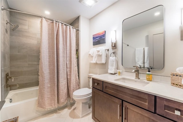 full bathroom featuring shower / bathtub combination with curtain, vanity, toilet, and tile patterned flooring