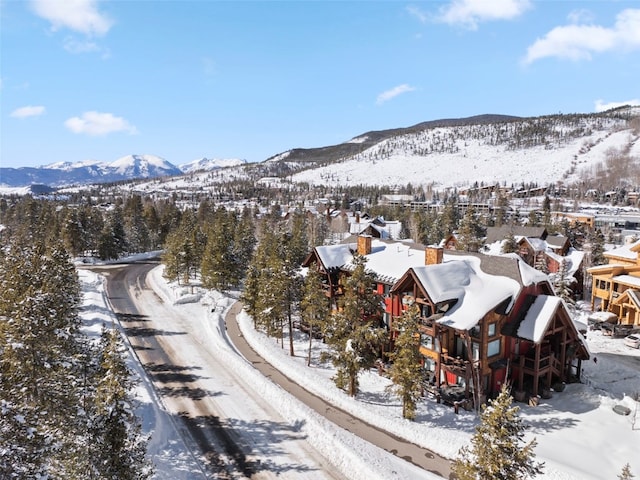 snowy aerial view with a mountain view