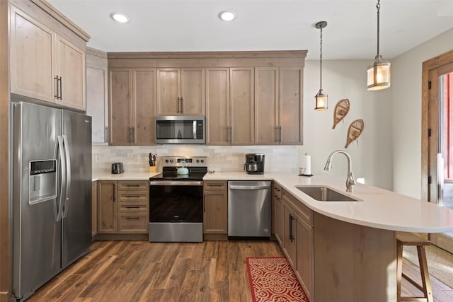 kitchen with dark wood-style floors, stainless steel appliances, backsplash, a sink, and a peninsula