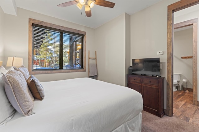 bedroom featuring light wood finished floors and ceiling fan