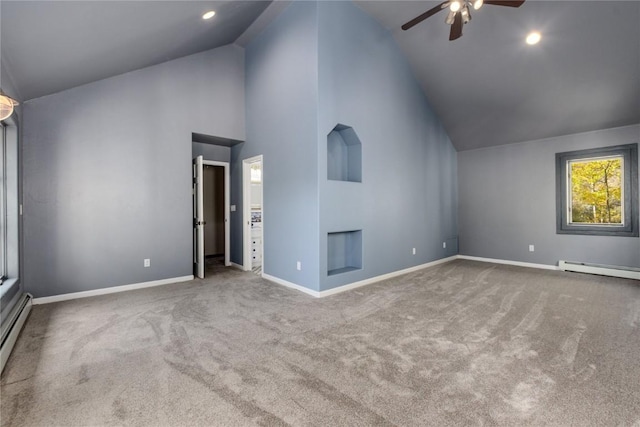 bonus room featuring baseboard heating, ceiling fan, carpet, and high vaulted ceiling