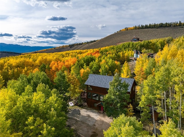 drone / aerial view featuring a mountain view