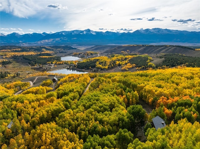 birds eye view of property featuring a water and mountain view