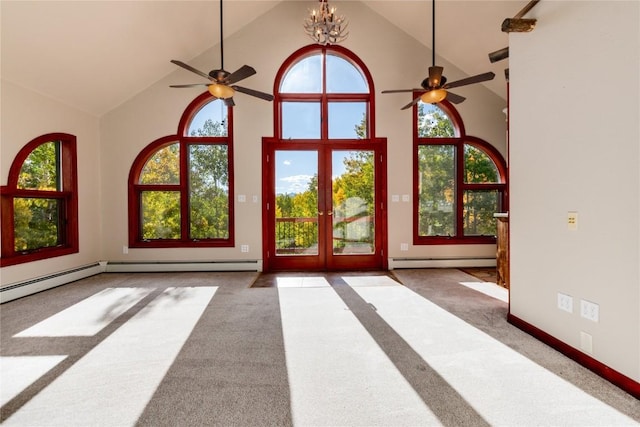 interior space featuring french doors, high vaulted ceiling, a baseboard radiator, and ceiling fan with notable chandelier