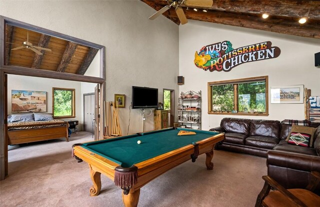 rec room featuring beam ceiling, a wealth of natural light, wooden ceiling, and pool table