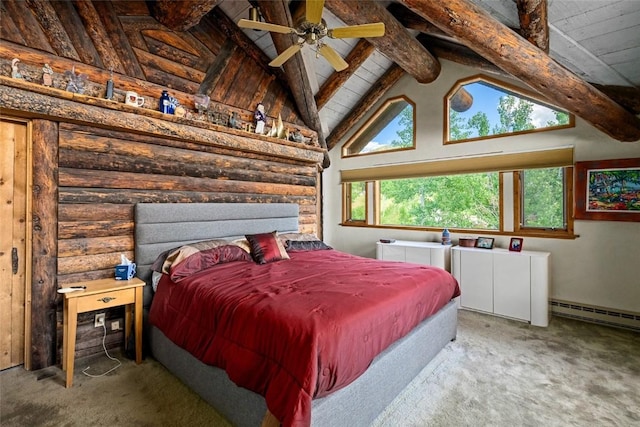 bedroom featuring ceiling fan, a baseboard radiator, beamed ceiling, high vaulted ceiling, and carpet