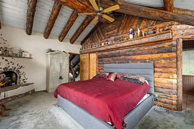 bedroom with carpet, rustic walls, ceiling fan, and wood ceiling