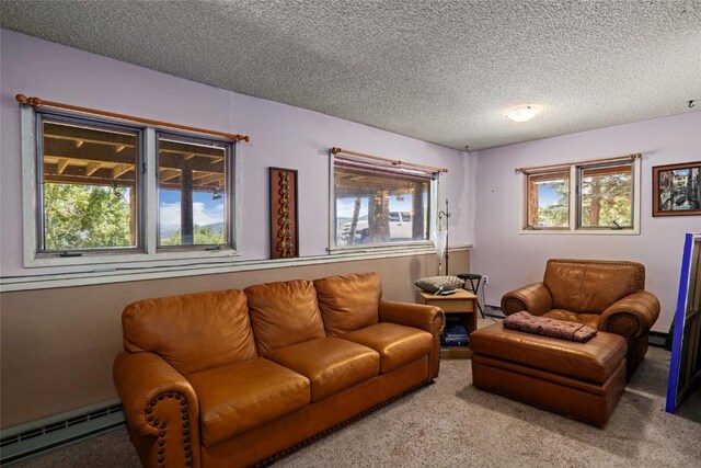 carpeted living room featuring a textured ceiling and a baseboard radiator