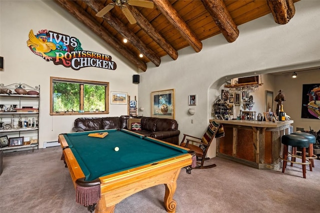 recreation room with wooden ceiling, beamed ceiling, indoor bar, carpet, and pool table