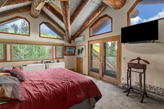 carpeted bedroom with a wall mounted air conditioner, french doors, access to outside, beam ceiling, and high vaulted ceiling