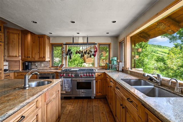 kitchen featuring dark hardwood / wood-style flooring, light stone countertops, sink, and double oven range