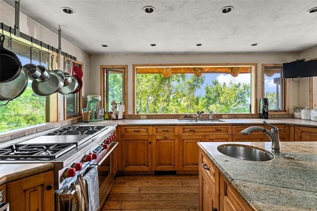 kitchen with light stone countertops, sink, double oven range, and dark hardwood / wood-style floors