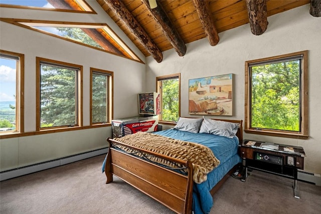 carpeted bedroom featuring vaulted ceiling with beams, wood ceiling, a baseboard radiator, and multiple windows