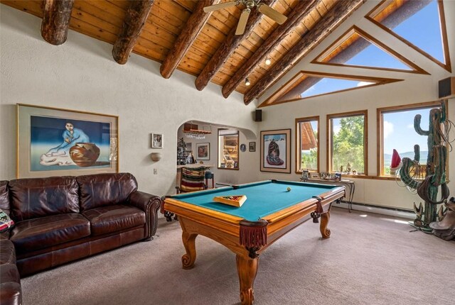 recreation room featuring beam ceiling, wood ceiling, carpet floors, and pool table