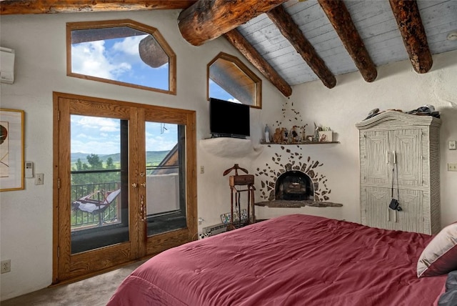 carpeted bedroom with vaulted ceiling with beams, wooden ceiling, and access to outside