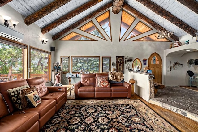 living room featuring wooden ceiling, an AC wall unit, hardwood / wood-style flooring, beam ceiling, and a chandelier