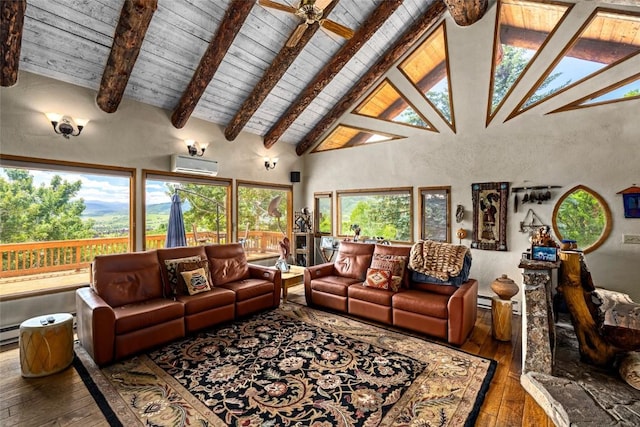 living room with high vaulted ceiling, an AC wall unit, ceiling fan, beam ceiling, and dark hardwood / wood-style flooring