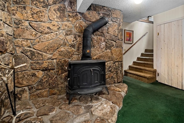 details featuring a wood stove and carpet floors