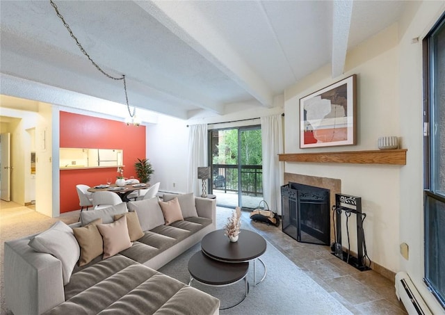 living room featuring beam ceiling, a baseboard radiator, and an inviting chandelier