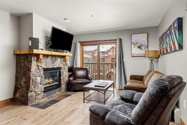 living room with a fireplace and wood-type flooring