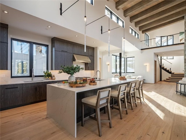 kitchen featuring a kitchen island with sink, sink, light wood-type flooring, beam ceiling, and extractor fan